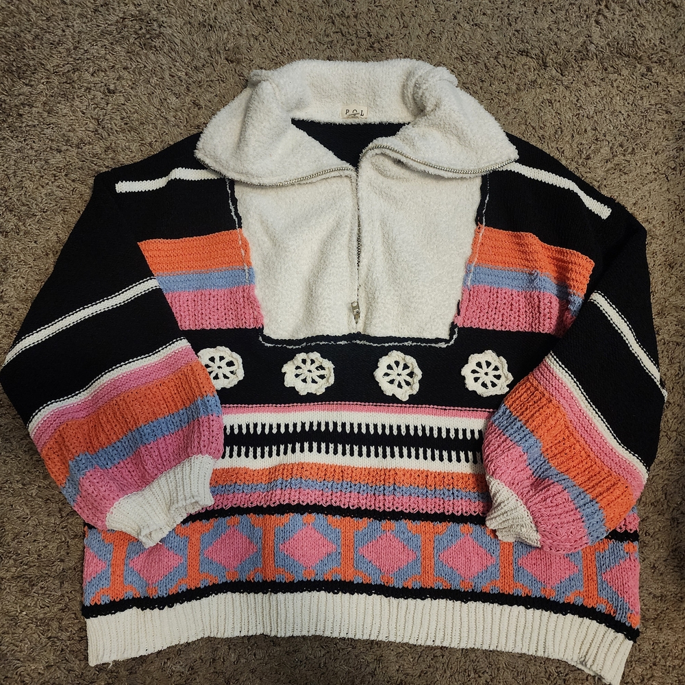 POL Black and White Cowl Neck Sweater with Retro Stripes